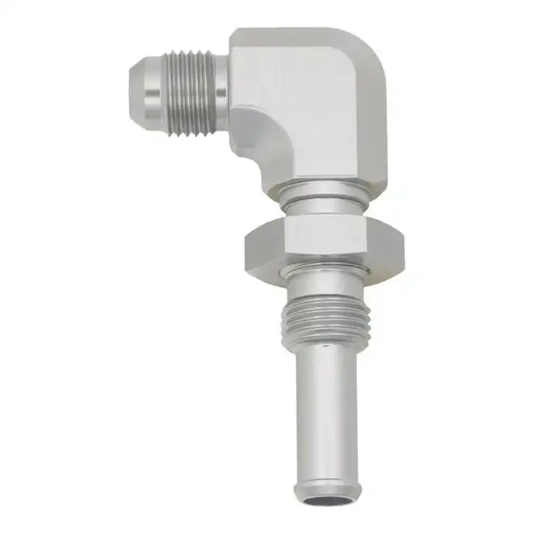 DeatschWerks 6AN Male Flare to 90-Degree 3/8in Single Hose Barb - Anodized DW Titanium (6-02-0733)