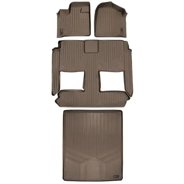 SMARTLINER Floor Mats 3 Rows and Cargo Liner Behind 2nd Row Set Tan Compatible With 2008-2020 Caravan / Town & Country (SA1046/B1046/D1181)